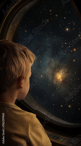 A young Caucasian boy gazes out of a spaceship window at a stunning view of a galaxy filled with stars.