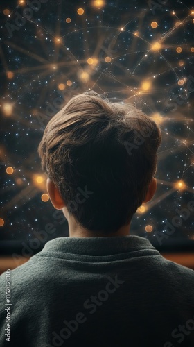 A young boy with light brown hair gazes into a cosmic universe filled with stars and connections.