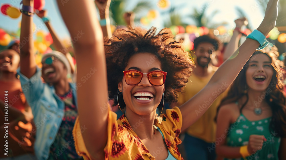 Obraz premium happy people in multicultural groups, exploring beautiful nature trails on a sunny day, vibrant and dynamic, natural lighting, joyful mood.