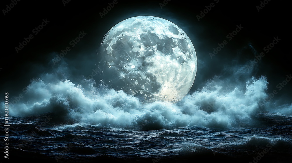 Full Moon Over Tempestuous Ocean Waves At Night Full Moon Over Tempestuous Ocean Waves At Night