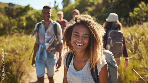 happy people in multicultural groups, exploring beautiful nature trails on a sunny day, vibrant and dynamic, natural lighting, joyful mood,