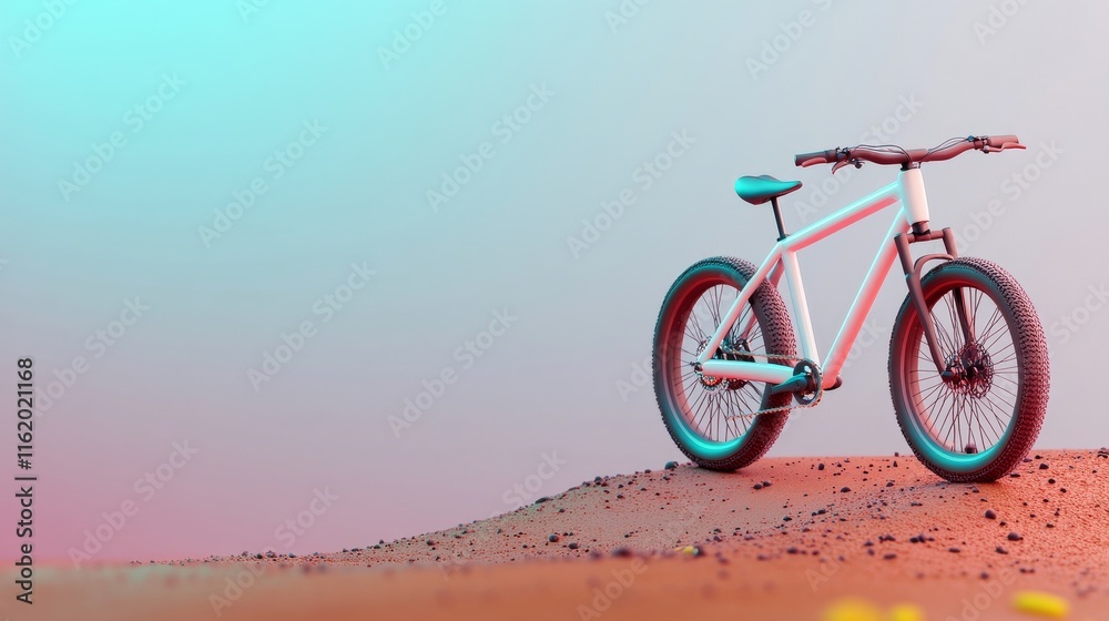 Fototapeta premium A stylish fat bike stands on a sandy terrain with a gradient background, showcasing its unique design and vibrant colors.