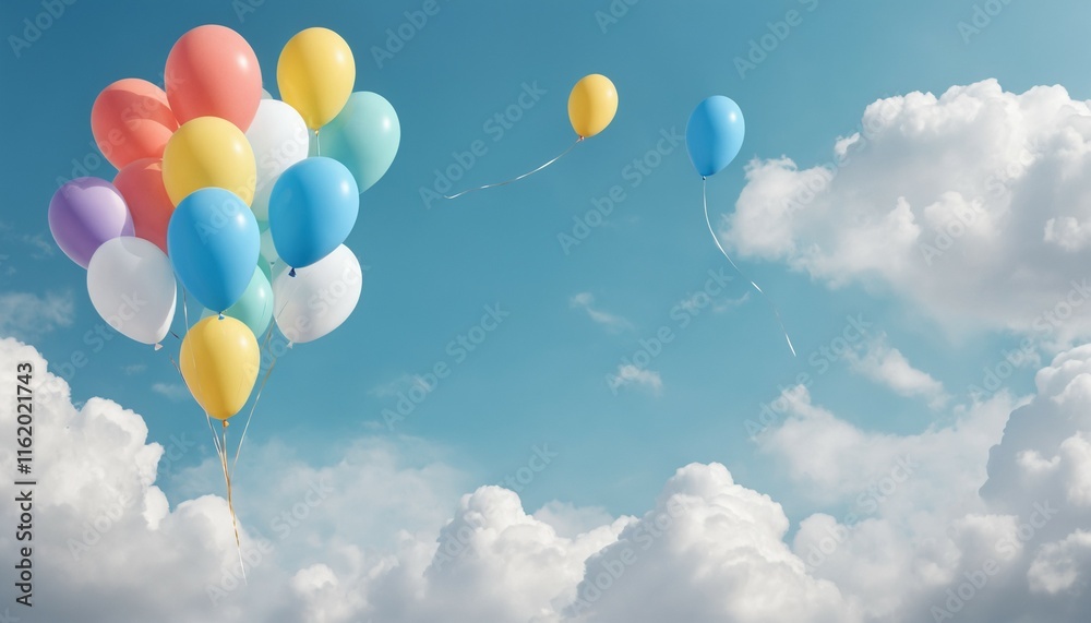 Floating balloons with soft highlights on a cloudy backdrop Floating balloons with soft highlights on a cloudy backdrop