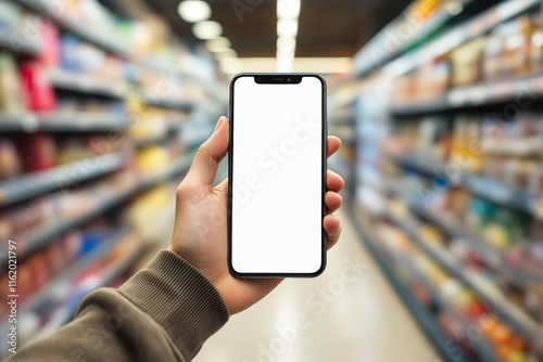 A smartphone with a blank white screen held in one hand in a grocery store aisle, blurred shelves in the background. Concept of app display and online shopping. Ai generative