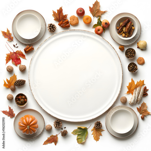 festive Thanksgiving dinner table setting with autumn leaves, pumpkins, and decorative elements. arrangement creates warm, nostalgic atmosphere for holiday photo