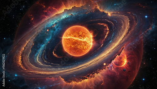 abstract of a planet surrounded by the vastness of outer space, featuring swirling colors and dynamic shapes that evoke a sense of movement and depth