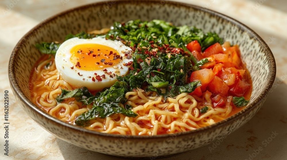 Delicious ramen noodle bowl with soft boiled egg, tomatoes, and greens. Delicious ramen noodle bowl with soft boiled egg, tomatoes, and greens.