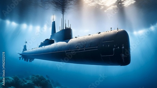 Naval submarine submerge deep underwater near to ocean floor