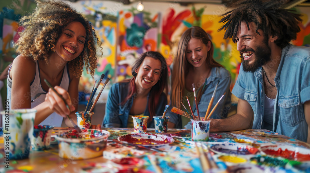 happy team, engaging in creative hobbies like painting together, vibrant and dynamic, natural lighting, joyful mood, happy team, engaging in creative hobbies like painting together, vibrant and dynamic, natural lighting, joyful mood,