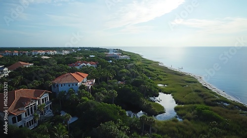 Aerial View of Luxurious Coastal Homes and Serene Beachscape photo