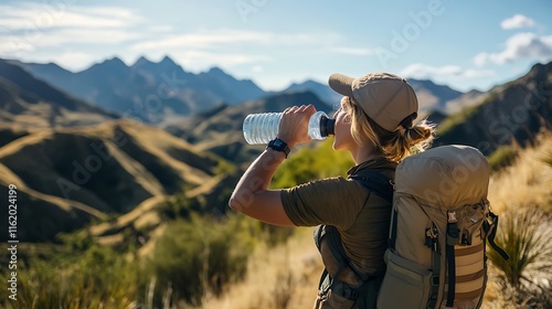 Woman Hiking in Mountains Drinks Water