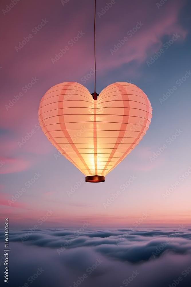 Fototapeta premium A glowing paper lantern shaped like a heart floating into a twilight sky, with soft pink and gold hues