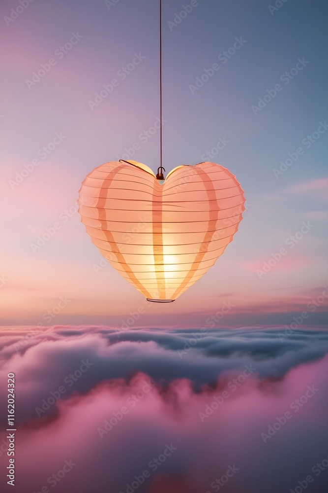 Obraz premium A glowing paper lantern shaped like a heart floating into a twilight sky, with soft pink and gold hues