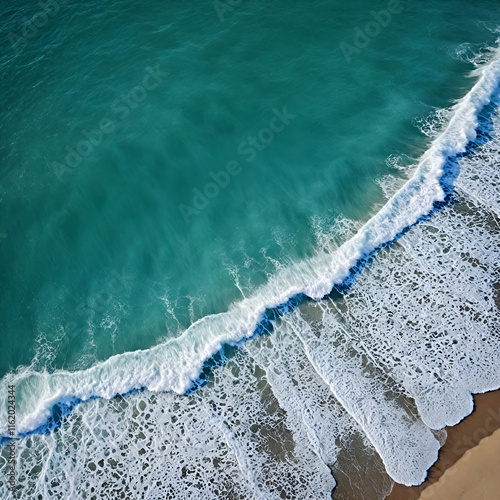 Aerial view beautiful of sea waves from drone. Stock image of blue color of ocean water, sea surface. Top view on turquoise waves, clear water surface texture.