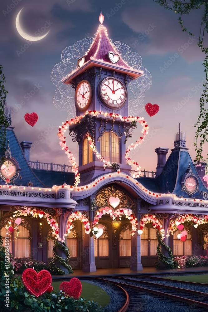 Fototapeta premium A magical train station with a heart-shaped clock and glowing Valentine’s Day lights, whimsical vibes