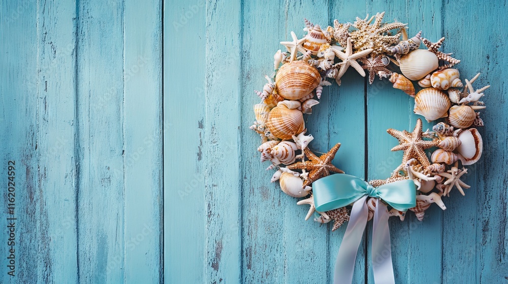Seashell Wreath on Blue Wooden Door with Bokeh Effect. AI generated illustration Seashell Wreath on Blue Wooden Door with Bokeh Effect. AI generated illustration