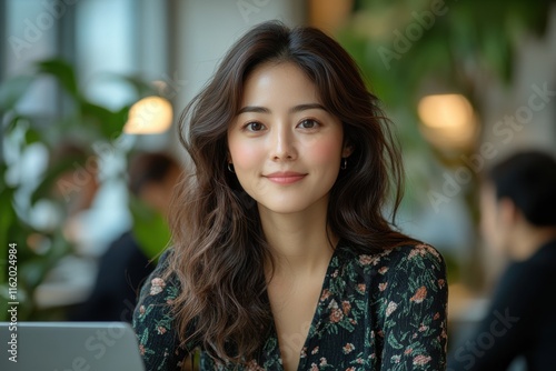 A woman with long brown hair and a floral dress is smiling for the camera. Generative AI