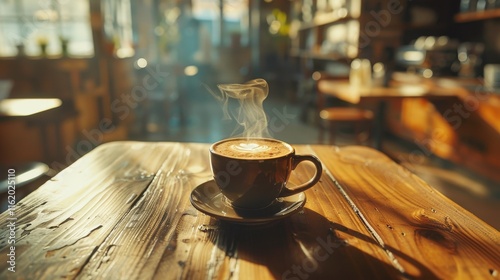 Steaming cappuccino on rustic wooden table in sunny cafe.