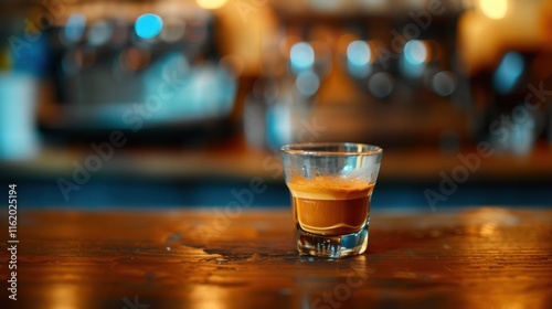 Espresso shot on bar counter, coffee shop.