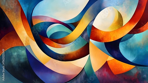 Wavy lines flowing over geometric shapes in a harmonious contrast of fluidity and structure