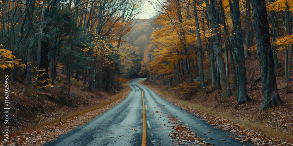 A scenic drive through a mountain pass with autumn trees on both sides of the road.