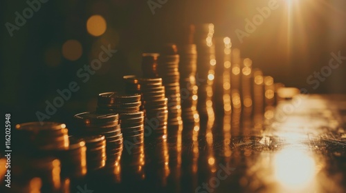 Ascending stacks of coins reflecting growth and financial success.