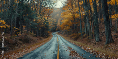 Obraz na płótnie A scenic drive through a mountain pass with autumn trees on both sides of the road. w salonie