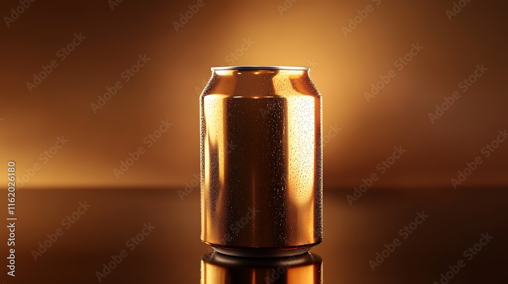 Golden Aluminum Can with Condensation on Dark Background Golden Aluminum Can with Condensation on Dark Background