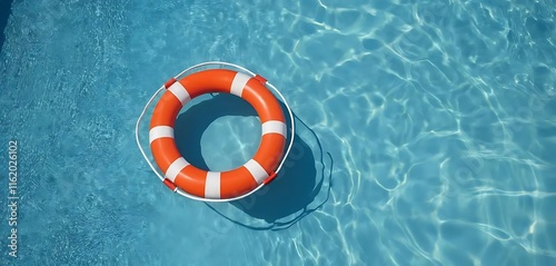 Orange and white life preserver floats in blue water photo