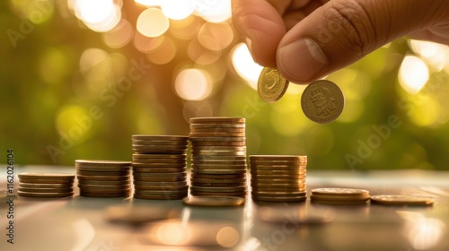 Hand adding coin to growing stacks of coins.