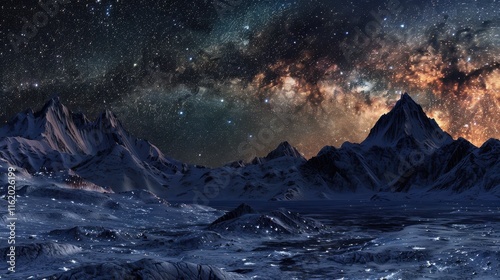 Snowy mountains under a vibrant Milky Way galaxy at night.