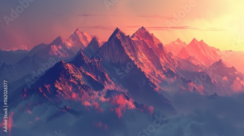 Majestic sunset illuminating snow-capped mountain range.