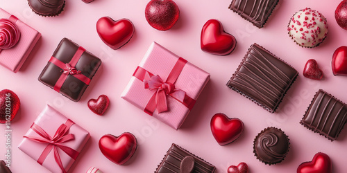 Valentine’s Day cards, wrapped gifts, and heart-shaped chocolates on a pink background. photo