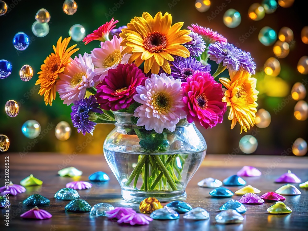 A feast for the eyes: flowers and diamonds on a polished surface. A feast for the eyes: flowers and diamonds on a polished surface.