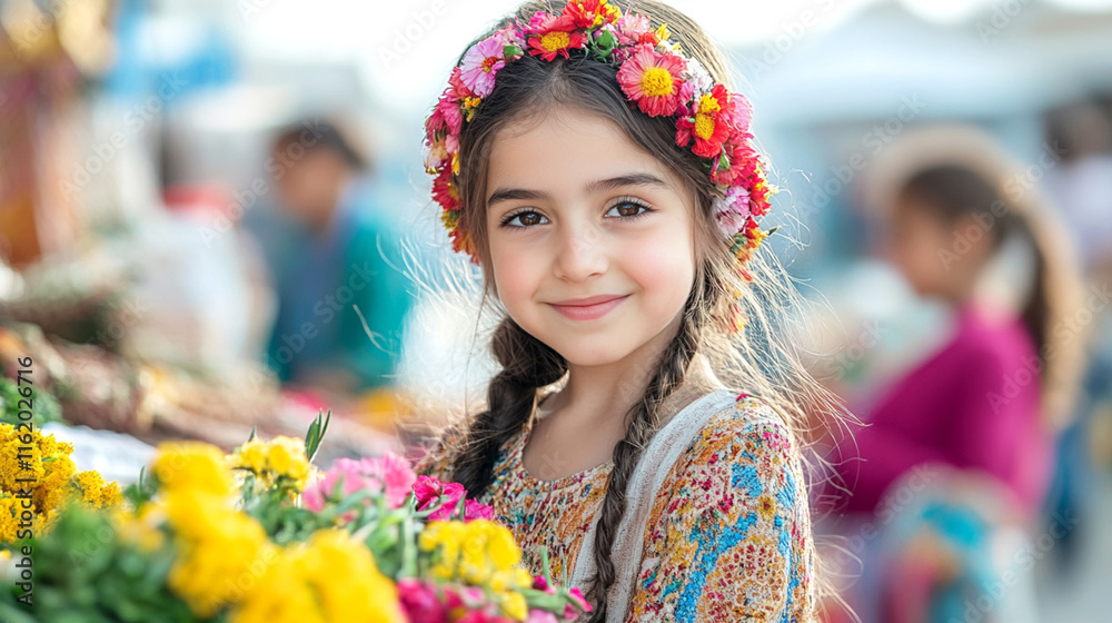 Fototapeta premium A smiling young girl wearing a floral crown and holding vibrant spring flowers at a festive outdoor market, celebrating the International Day of Nowruz