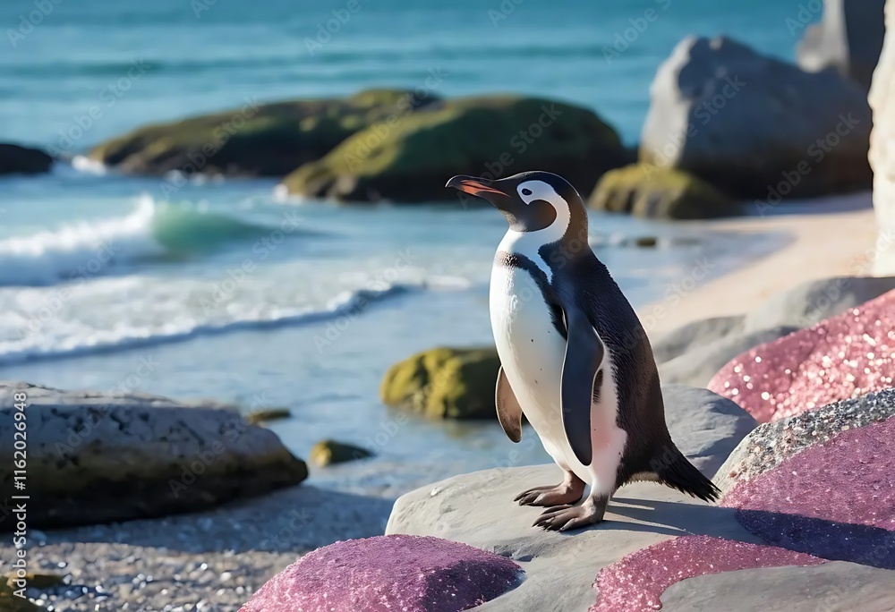 Fototapeta premium Penguin standing on rocks near ocean waves