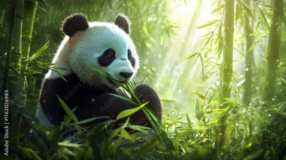 Obraz premium Panda Bear Enjoying Bamboo Lunch In Lush Forest