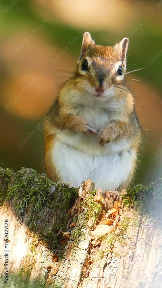 Vertical footage of a Siberian chipmunk perching on a tree stump in the woods on a sunny day