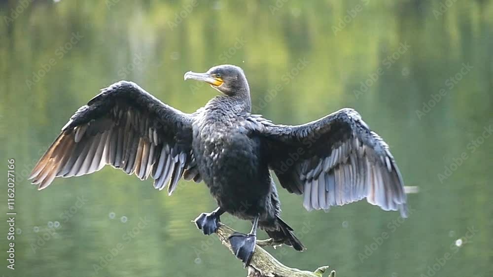 Great cormorant (Phalacrocorax carbo) perching on a broken tree branch spreading his wings to dry