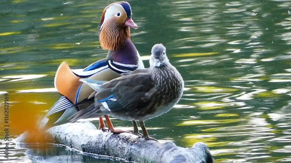 Pair of mandarin duck (Aix galericulata) standing a log floating on a tranquil lake during daytime