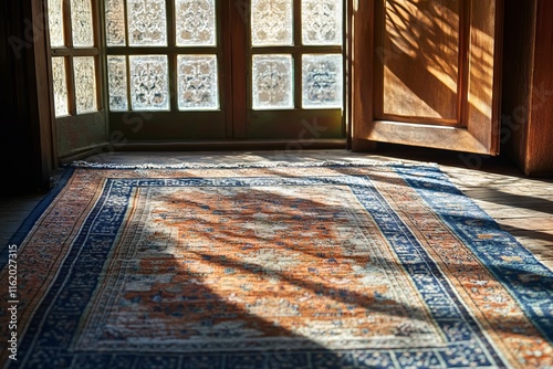 Wallpaper Mural Vibrant Carpet with Intricate Patterns in Front of Wooden Window. AI generated illustration Torontodigital.ca