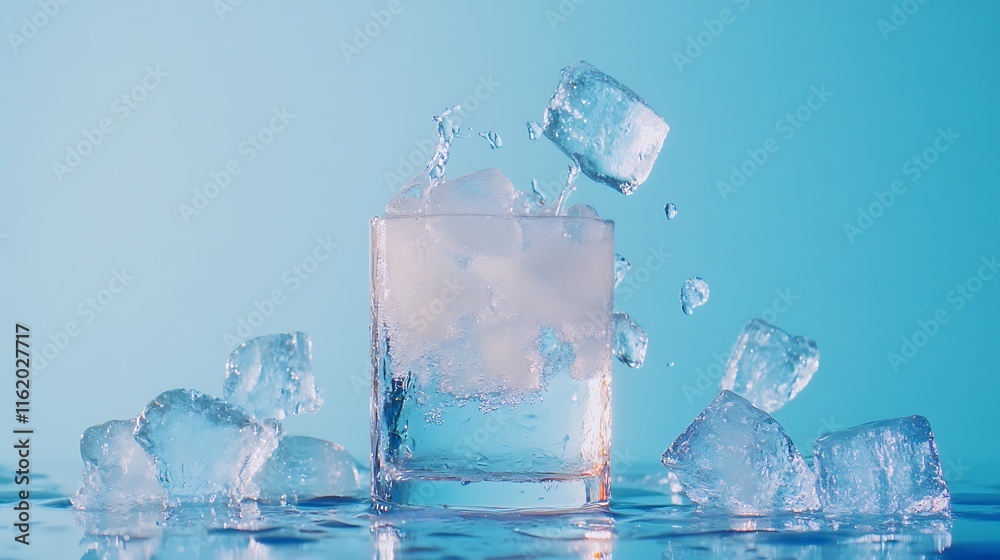 Ice Cubes Splashing into Glass of Water Ice Cubes Splashing into Glass of Water