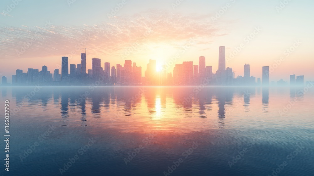 Sunrise over calm city skyline reflected in water.