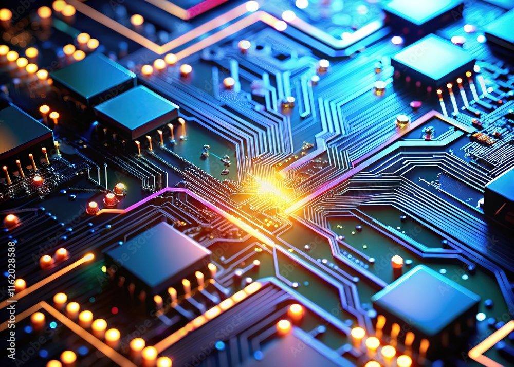 Obraz premium Advanced tech: glowing microchips on a futuristic circuit board.