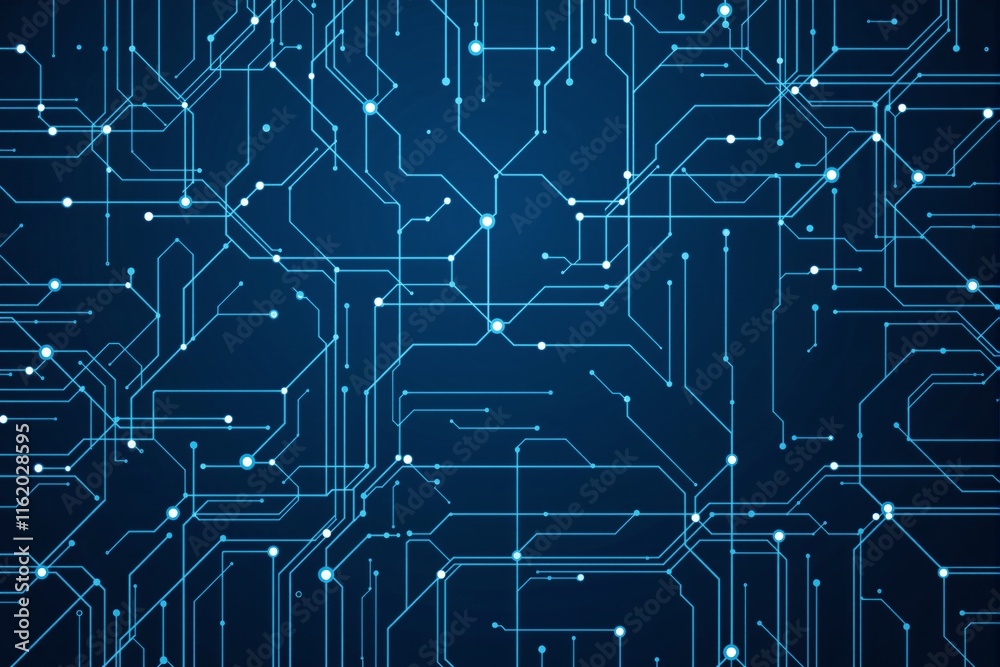 Digital illustration of luminous circuit board lines with a glowing effect on a dark blue background, concept of technology and connectivity. Ai generative