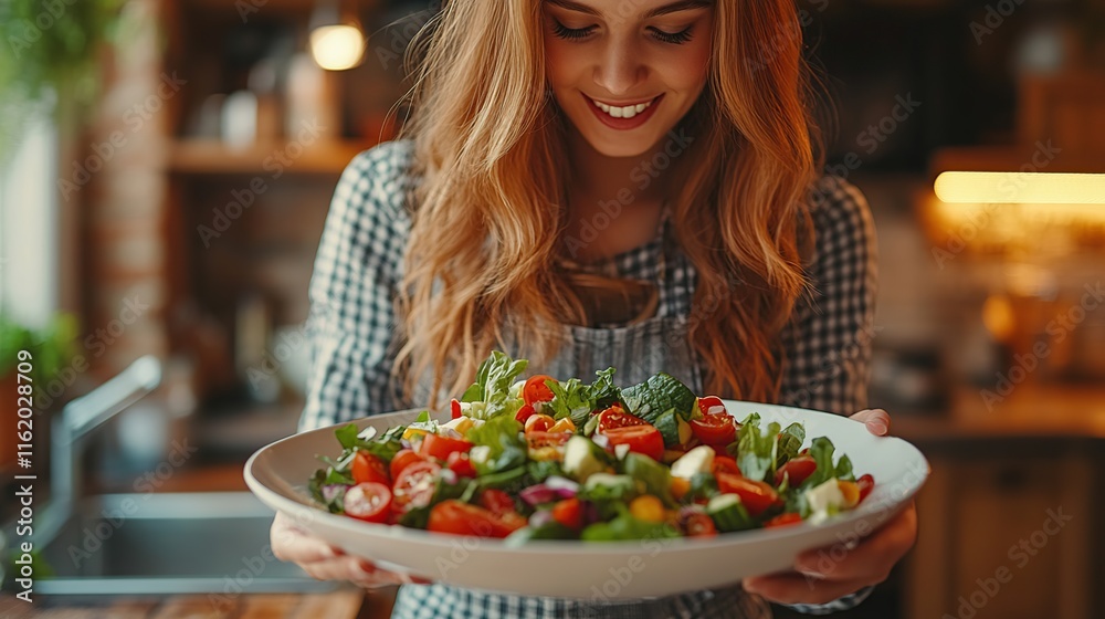 Happy woman presenting a large bowl of fresh salad in her kitchen. Happy woman presenting a large bowl of fresh salad in her kitchen.