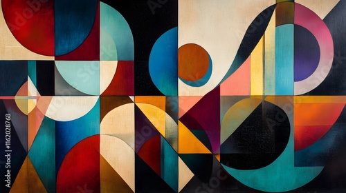 Pieces of abstract geometric shapes and colors blending together into a unified whole