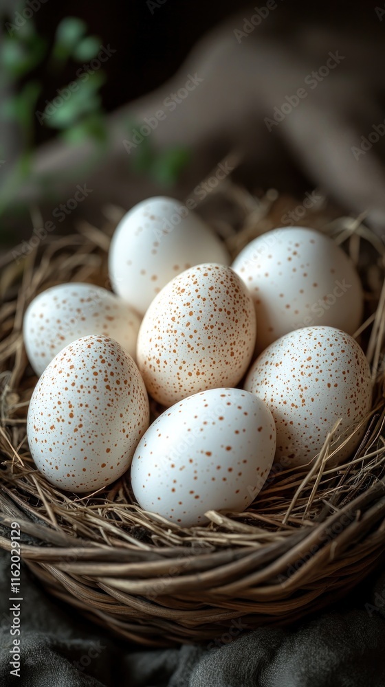 Speckled eggs in a rustic nest. Speckled eggs in a rustic nest.