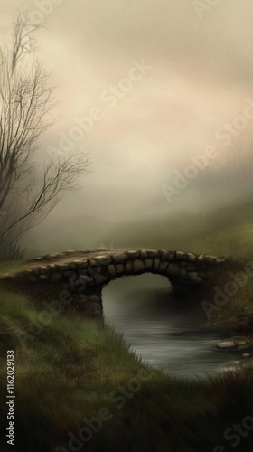 A serene stone bridge arches over a misty stream, surrounded by overgrown grass and barren trees, evoking a tranquil mood.