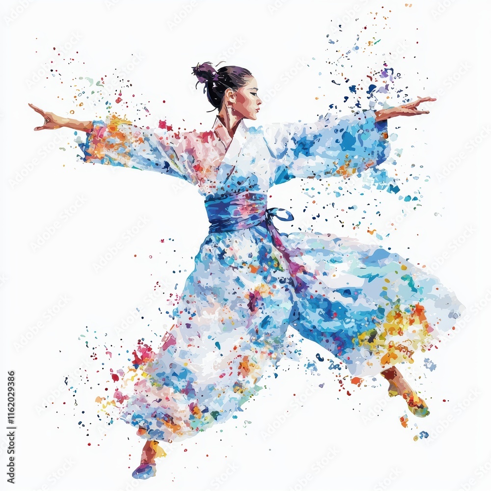 Obraz premium A dancer in a flowing kimono creates a vibrant splash of colors, capturing the essence of movement and grace in a stunning watercolor effect, self love on white background